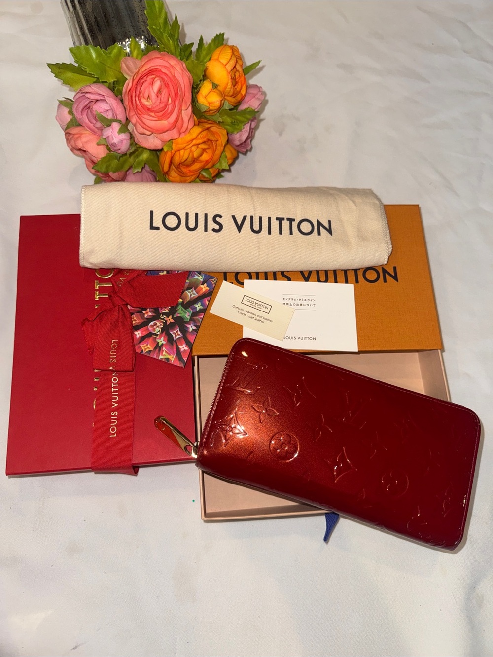 Authentic Louis Vuitton Vernis Zip-Around Wallet in Deep Red